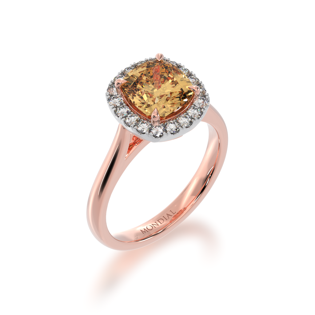 Cushion cut champagne diamond halo ring on rose gold band view from angle 