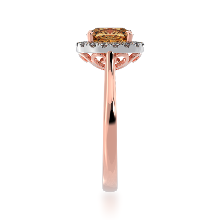 Cushion cut champagne diamond halo ring on rose gold band view from side