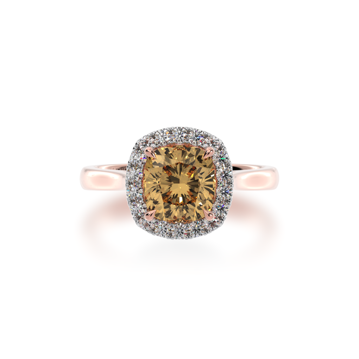Cushion cut champagne diamond halo ring on rose gold band view from top