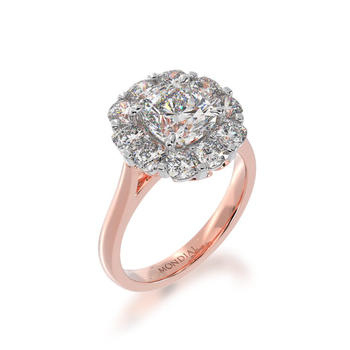Cushion cut diamond cluster ring on a rose gold band view from angle