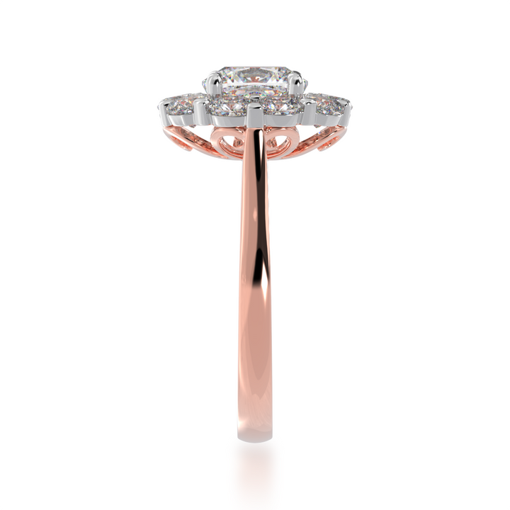 Cushion cut diamond cluster ring on a rose gold band view from side 