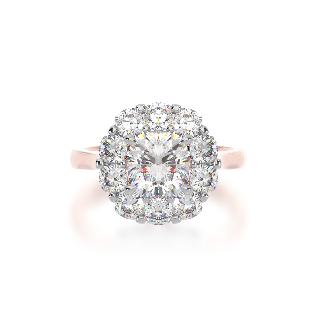 Cushion cut diamond cluster ring on a rose gold band view from top