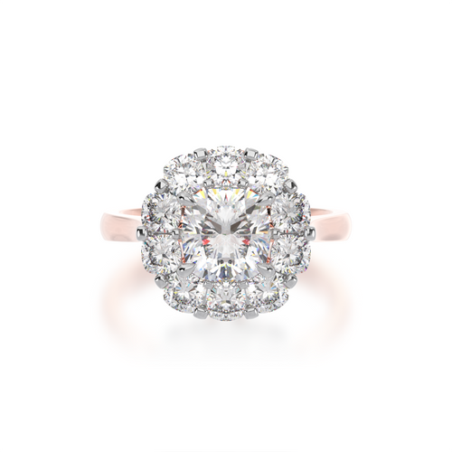 Cushion cut diamond cluster ring on a rose gold band view from top