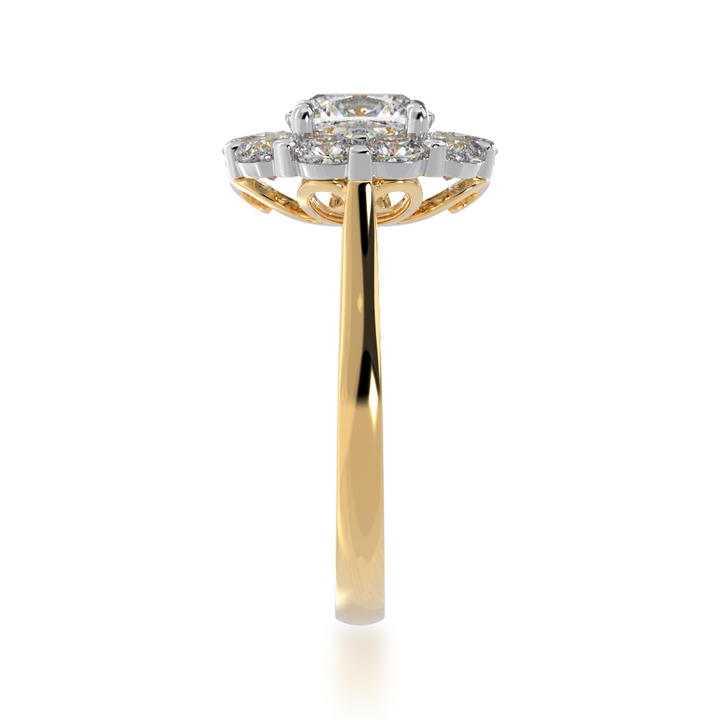 Cushion cut diamond cluster design on yellow gold band view from side