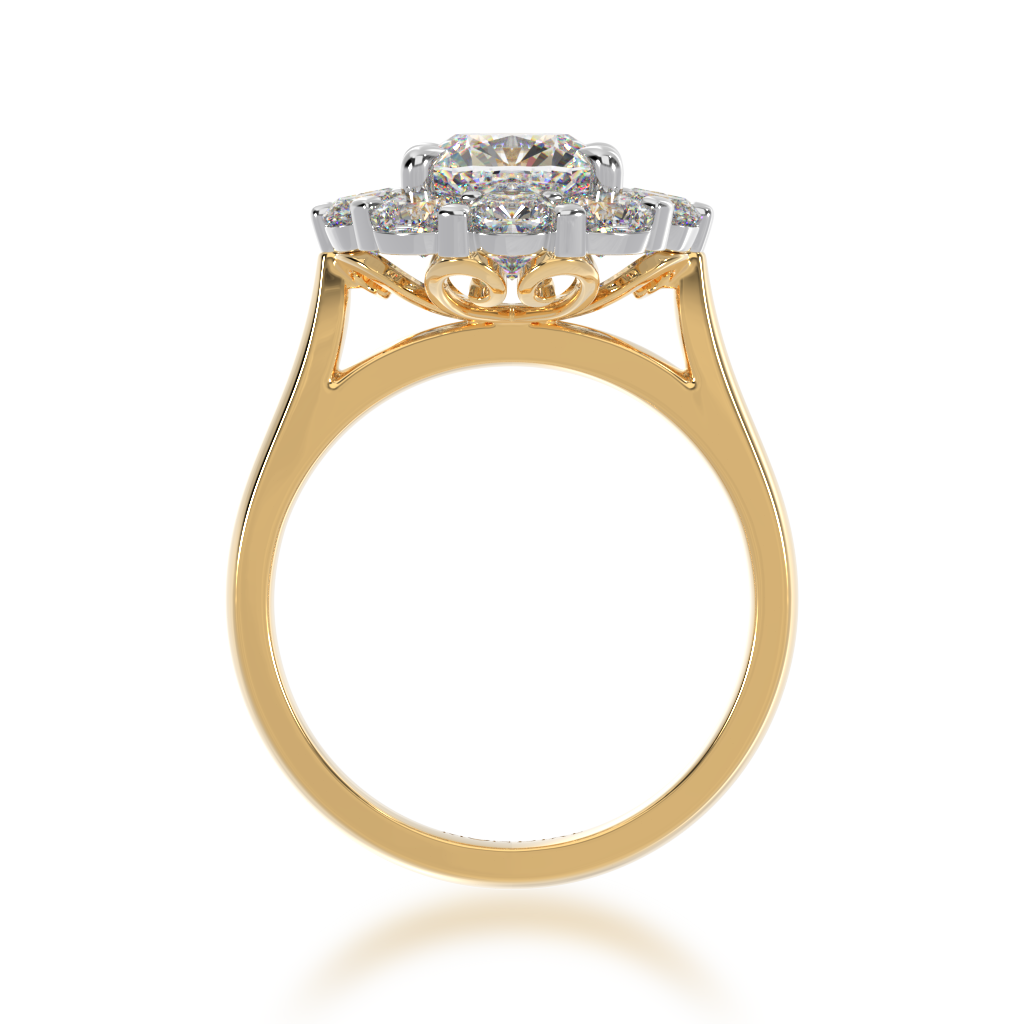 Cushion cut diamond cluster design on yellow gold band view from front 