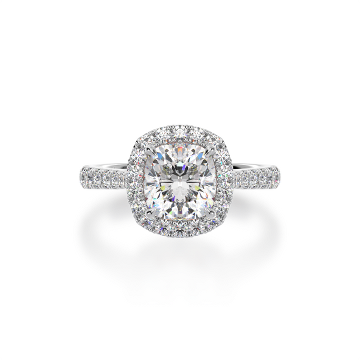 Cushion cut diamond Halo engagement ring with diamond set band view from top