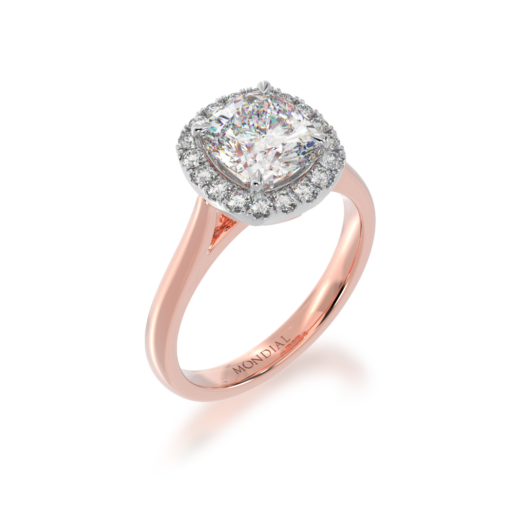 Cushion cut diamond halo ring on a rose gold band view from angle