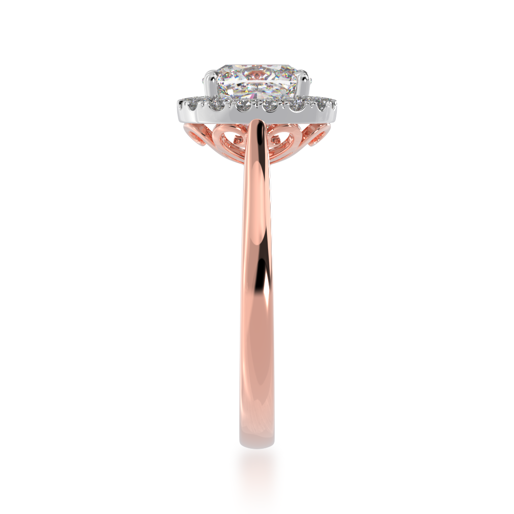 Cushion cut diamond halo ring on a rose gold band view from side