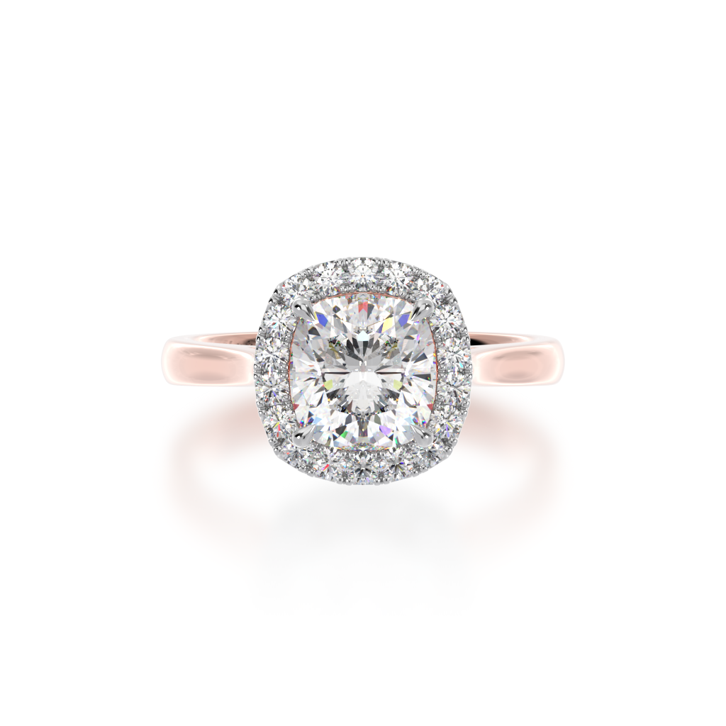 Cushion cut diamond halo ring on a rose gold band view from top