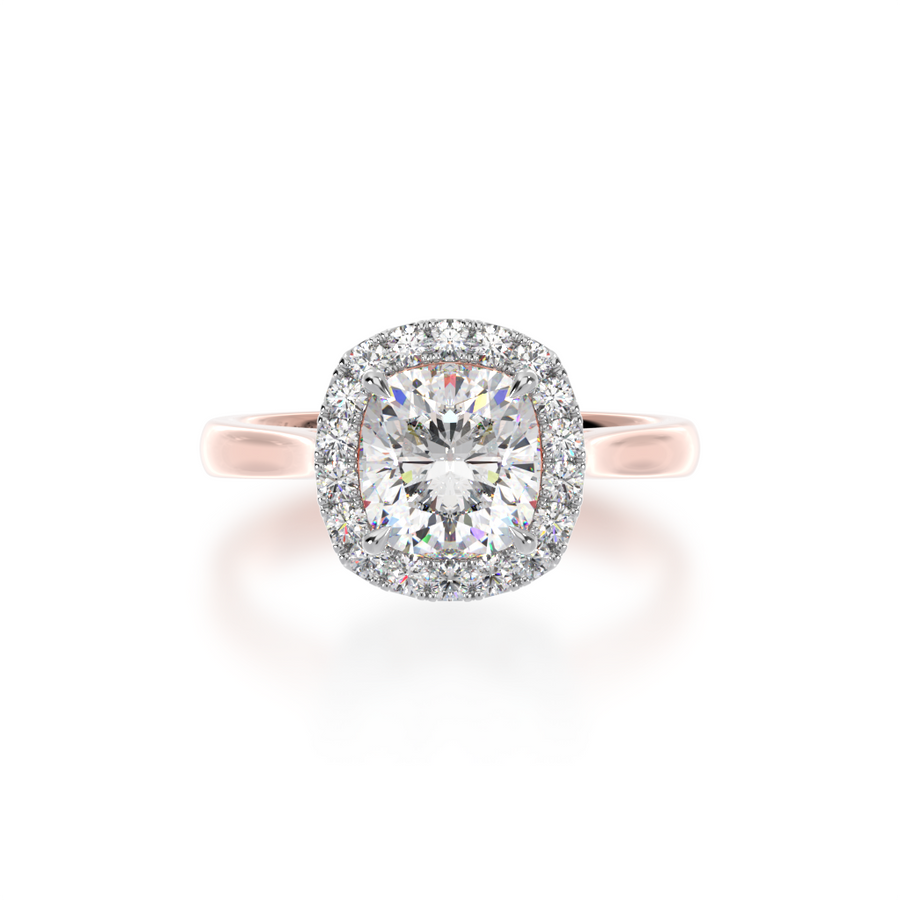 Cushion cut diamond halo ring on a rose gold band view from top