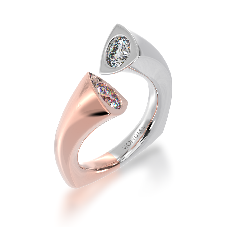 Devotion design round brilliant cut pink sapphire and diamond ring in rose and white gold view from angle 