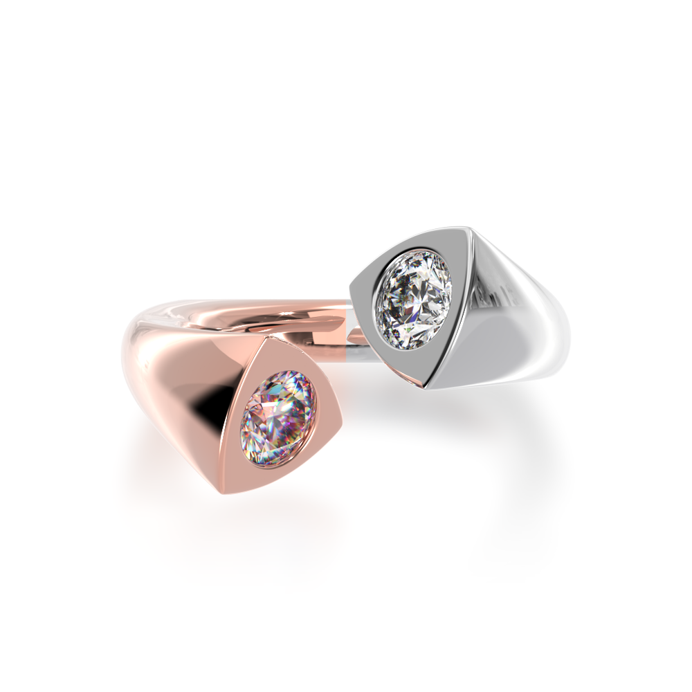 Devotion design round brilliant cut pink sapphire and diamond ring in rose and white gold view from top