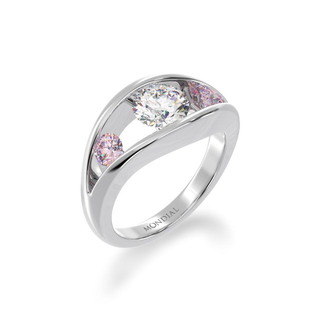 Flame design round brilliant cut diamond and sapphire three stone ring in white gold