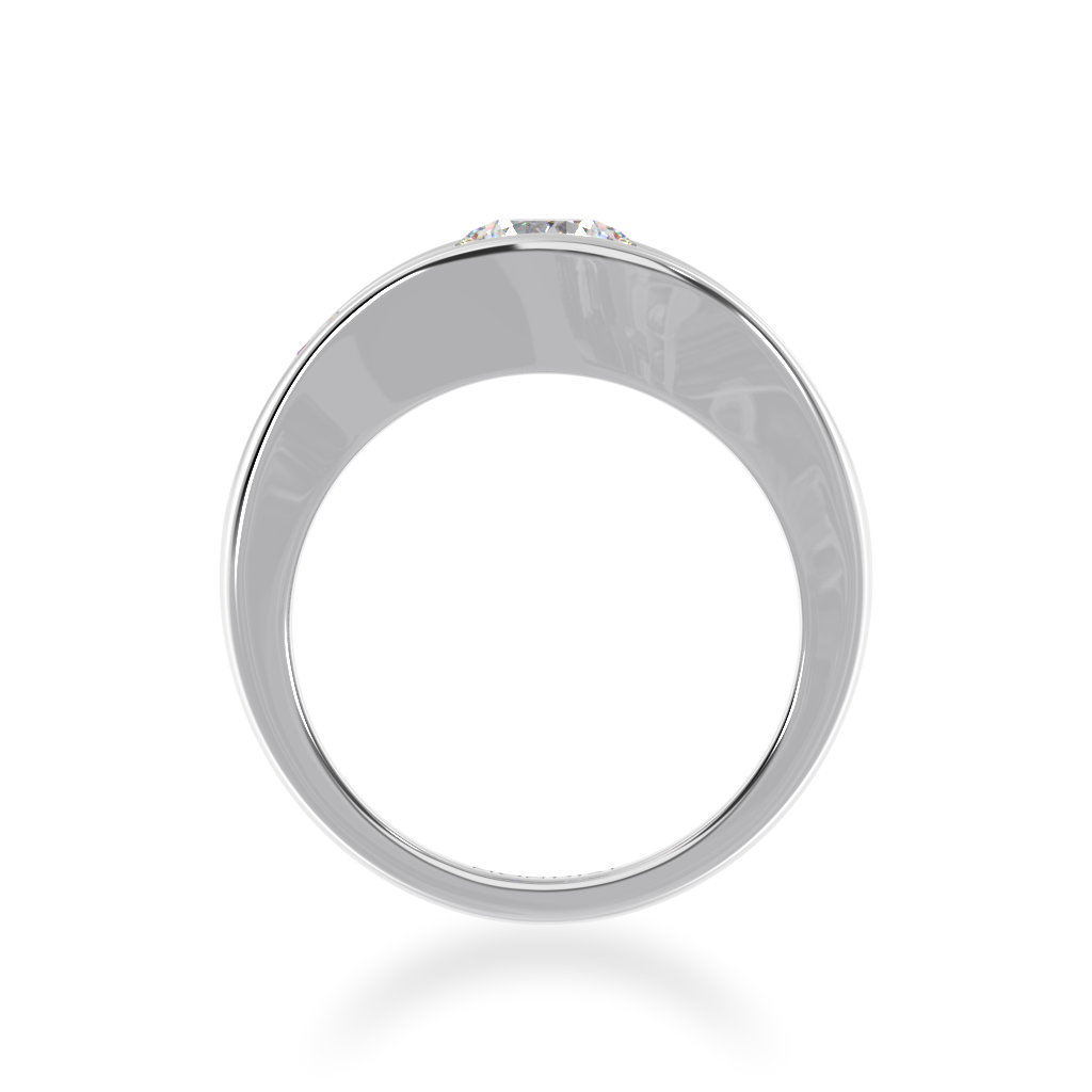 Flame design round brilliant cut diamond and sapphire three stone ring in white gold