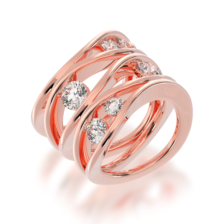 Multi flame design round brilliant cut diamond ring in rose gold view from angle 