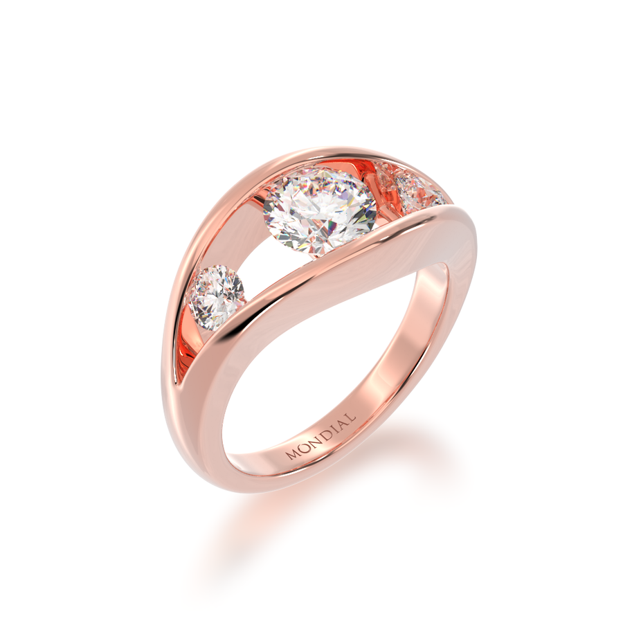 Flame design round brilliant cut diamond ring in rose gold view from angle 