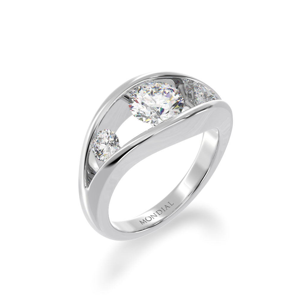 Flame design round brilliant cut diamond three stone ring in white gol ...