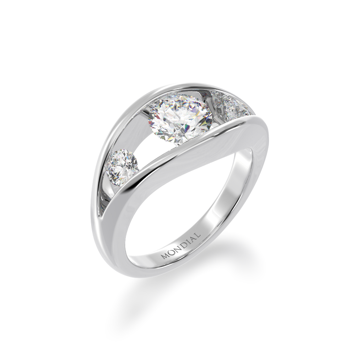 Flame design round brilliant cut diamond ring in white gold view from angle 