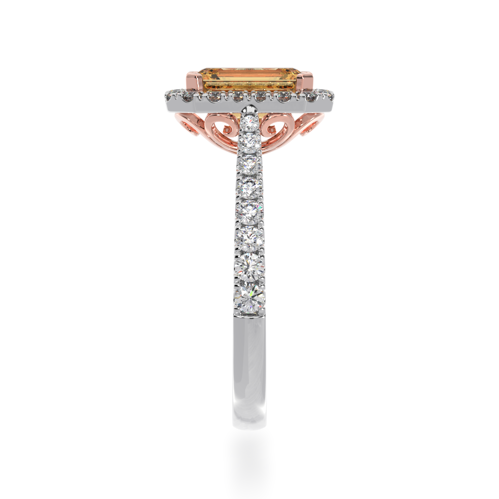 Emerald cut champagne diamond halo ring with diamond set band view from side