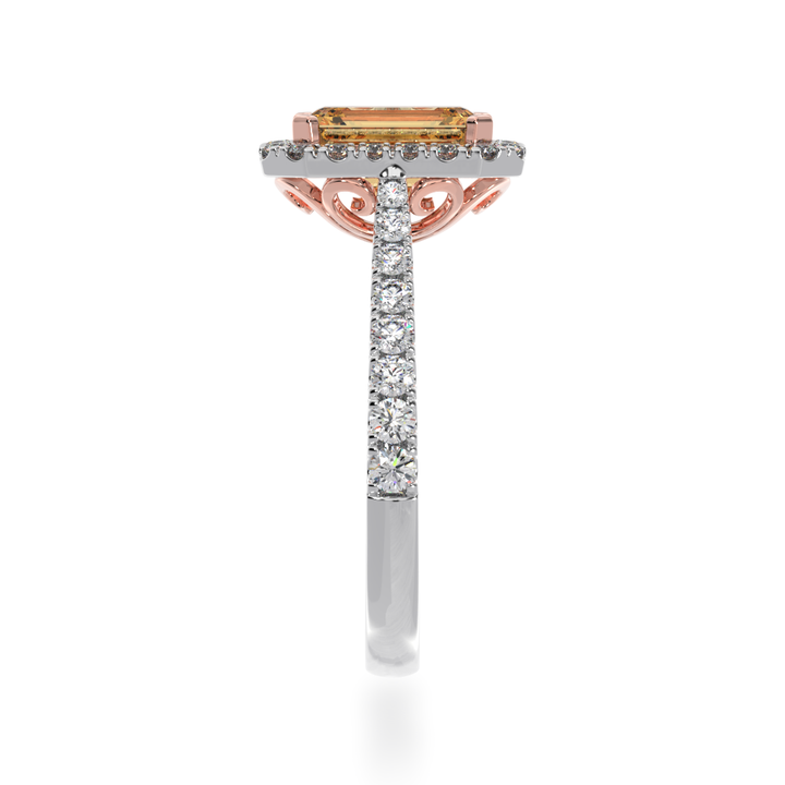 Emerald cut champagne diamond halo ring with diamond set band view from side