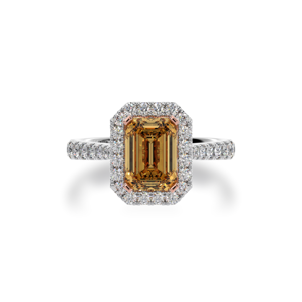 Emerald cut champagne diamond halo ring with diamond set band view from top