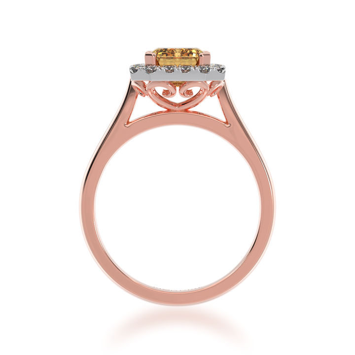 Emerald cut champagne diamond halo ring on rose gold band view from front