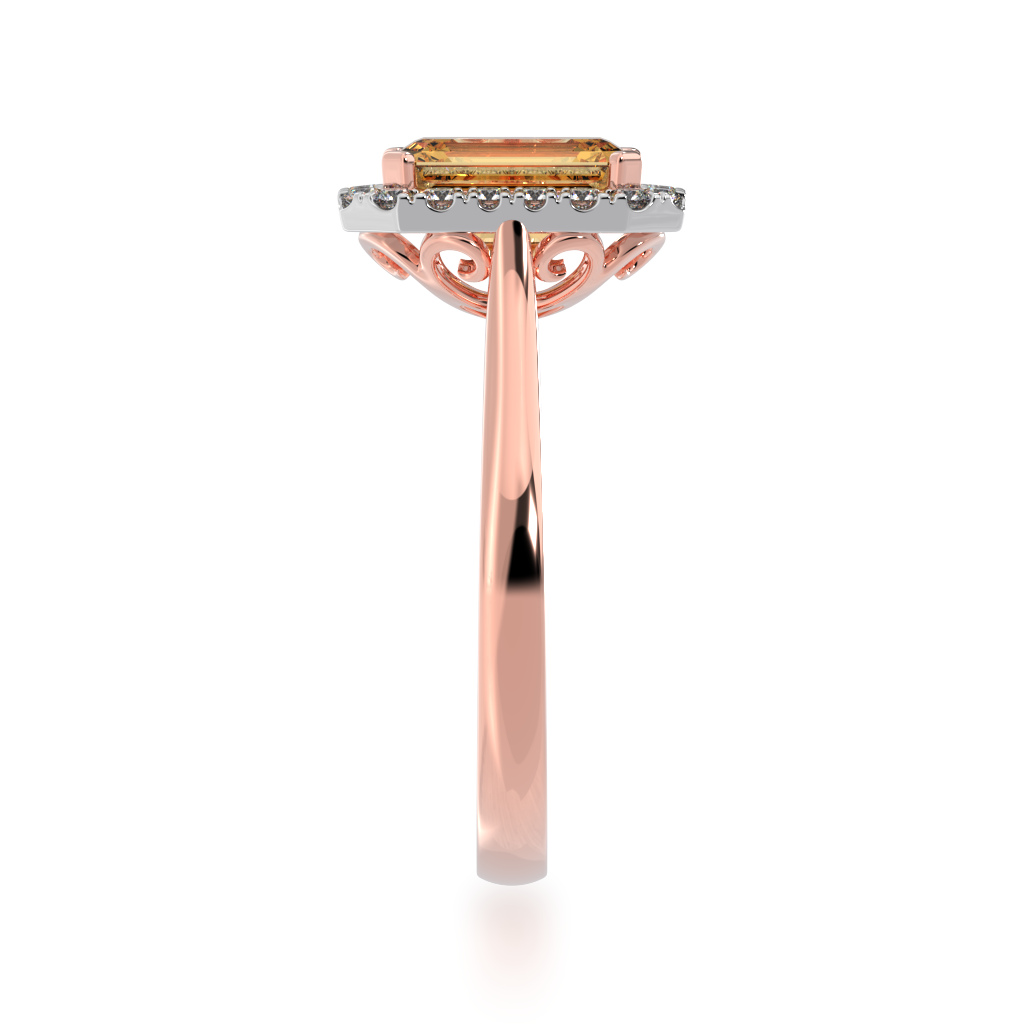 Emerald cut champagne diamond halo ring on rose gold band view from side
