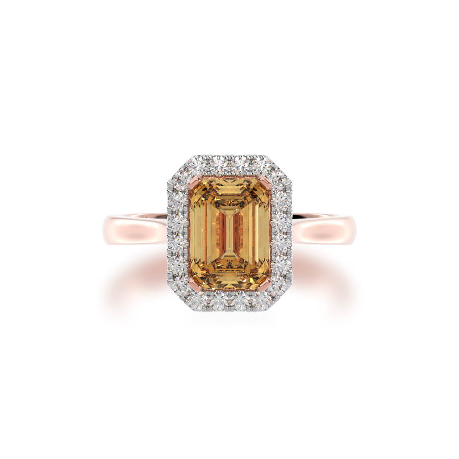 Emerald cut champagne diamond halo ring on rose gold band view from top