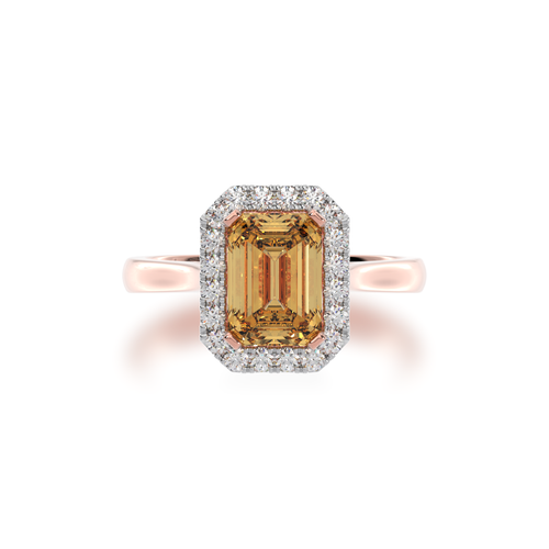 Emerald cut champagne diamond halo ring on rose gold band view from top