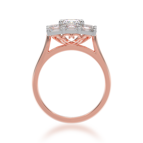 Standing bottom view of the Emerald cut diamond cluster ring on rose gold band.