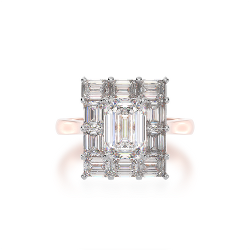 The Mondial by Nadia Emerald cut diamond cluster ring on rose gold band view from front.