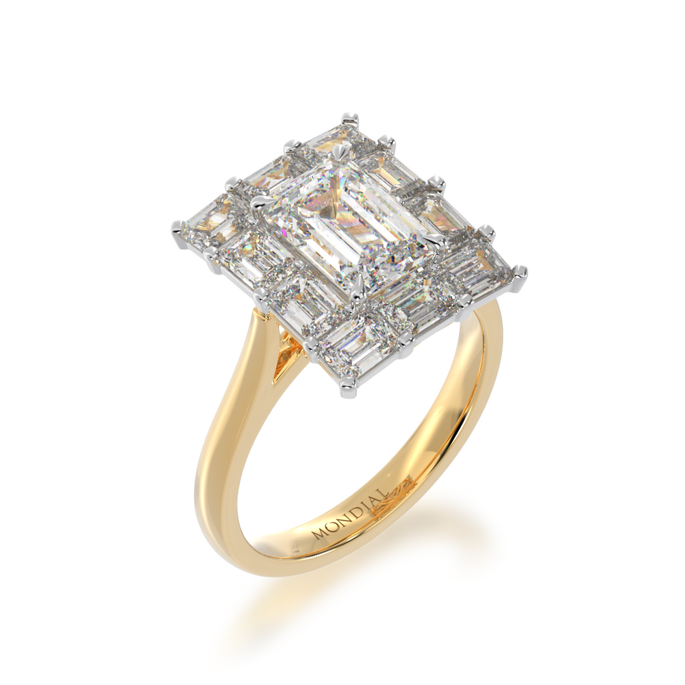 Emerald cut diamond cluster ring on yellow gold band view from angle 