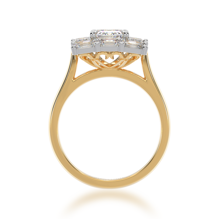 Emerald cut diamond cluster ring on yellow gold band view from front