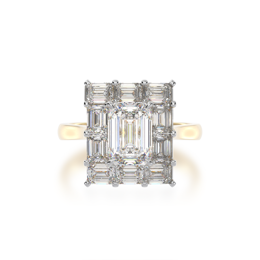 Emerald cut diamond cluster ring on yellow gold band view from top