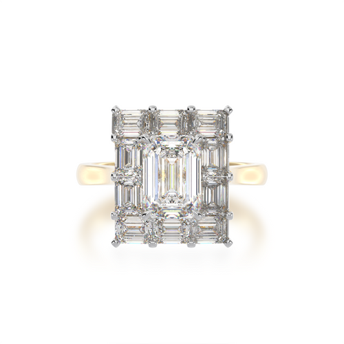 The Mondial by Nadia Emerald cut diamond cluster ring on yellow gold band view from top.