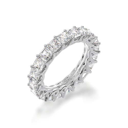 Asscher cut diamonds claw set full circle eternity ring view from angle.