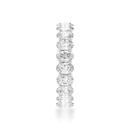 Oval cut diamonds claw set full circle eternity ring view from side.