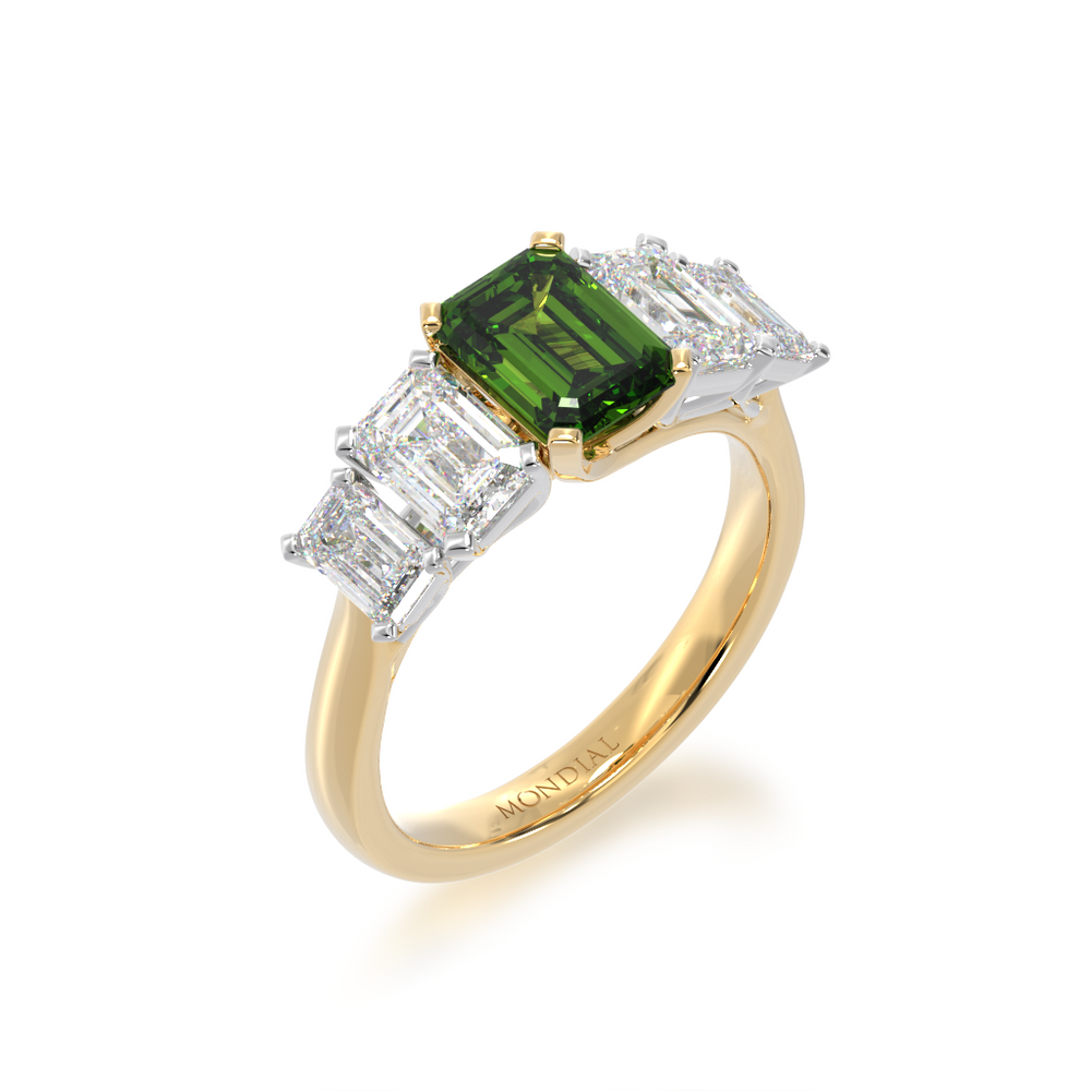 Five stone emerald cut green sapphire and diamond ring from angle