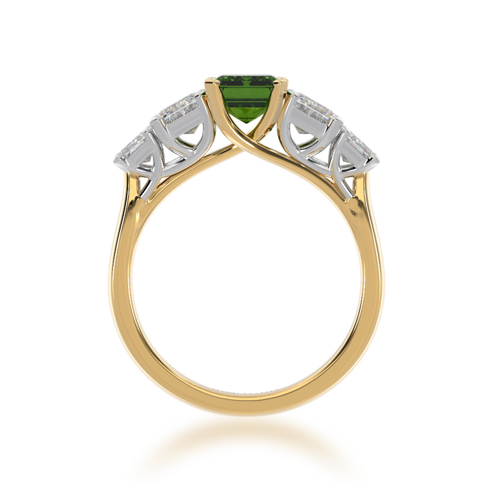Five stone emerald cut green sapphire and diamond ring on a yellow band view from front 