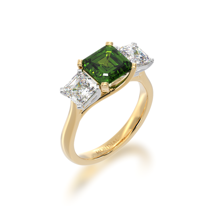 Trilogy asscher cut green sapphire and diamond ring on yellow gold band view from angle 