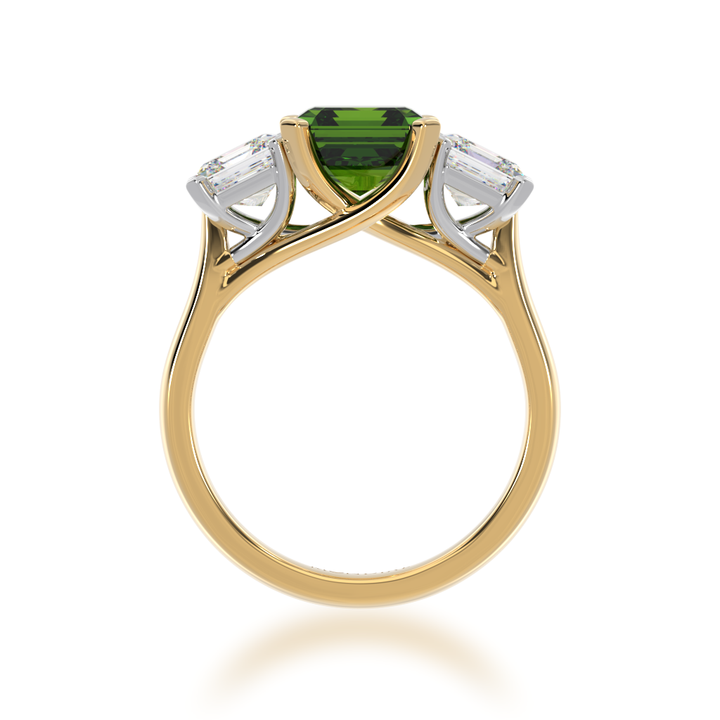 Trilogy asscher cut green sapphire and diamond ring on yellow gold band view from front