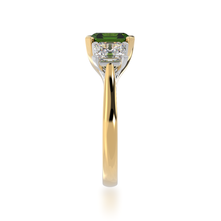 Trilogy asscher cut green sapphire and diamond ring on yellow gold band view from side