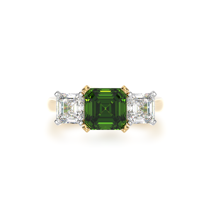 Trilogy asscher cut green sapphire and diamond ring on yellow gold band view from top