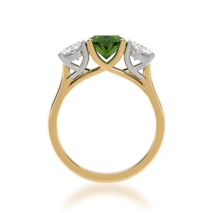 Trilogy oval cut green sapphire and diamond ring on a yellow gold band view from front 