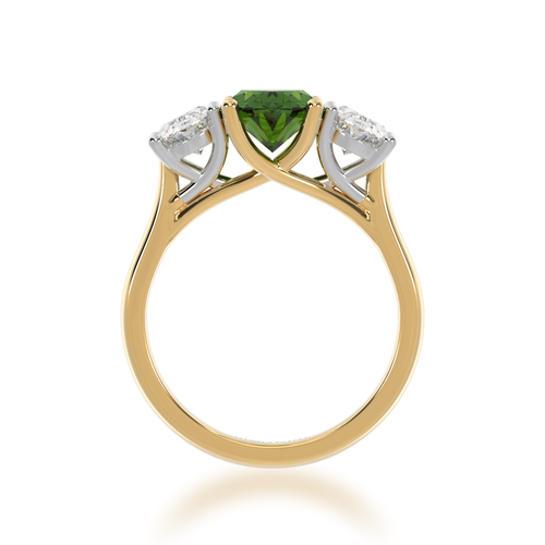 Trilogy oval cut green sapphire and diamond ring on a yellow gold band view from front.