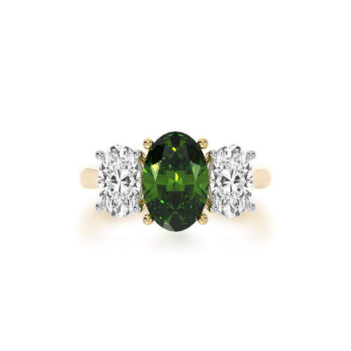 The Mondial by Nadia Trilogy oval  diamond ring with a green sapphire on a yellow gold band view from top.