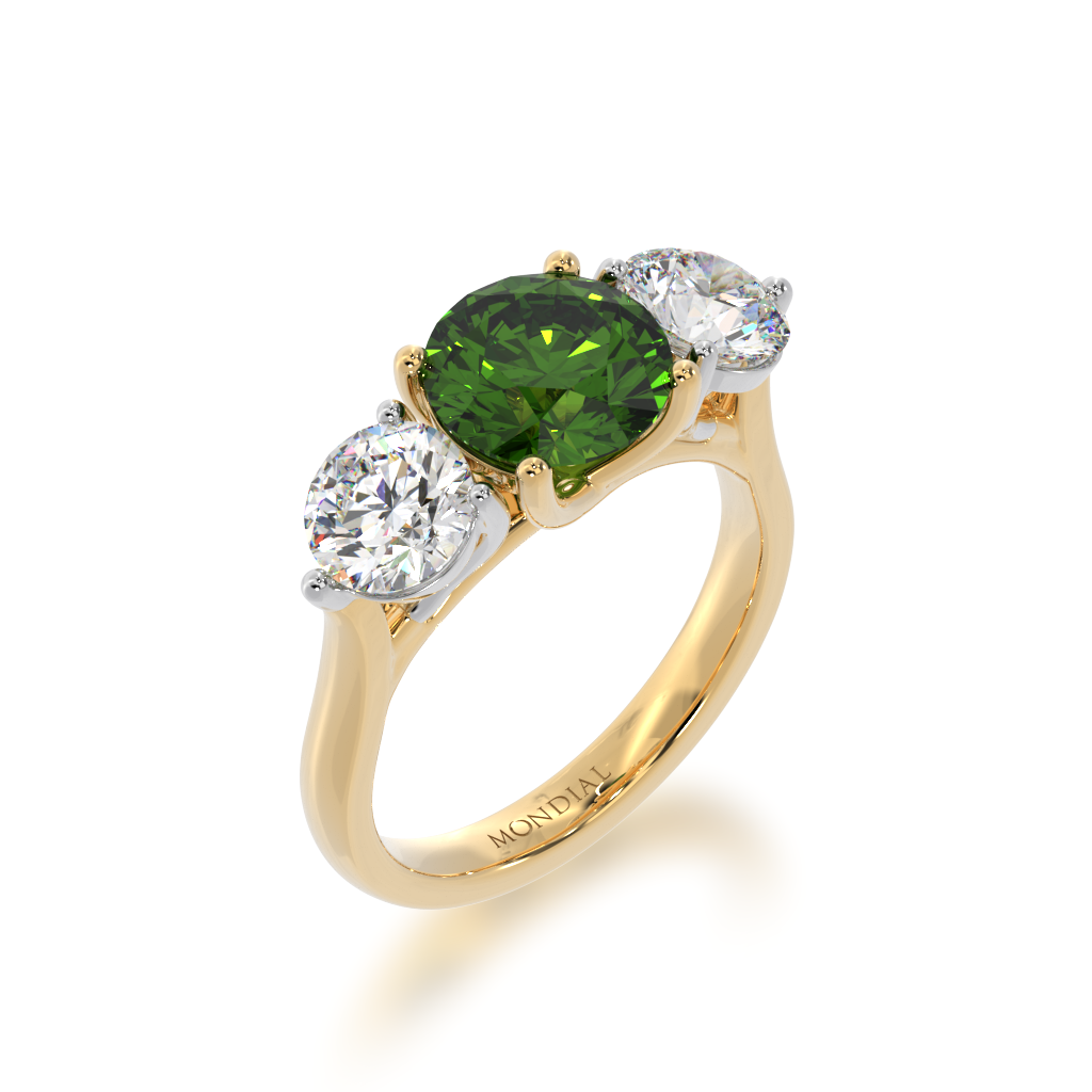 Trilogy round brilliant cut green sapphire and diamond ring on yellow gold band view from angle