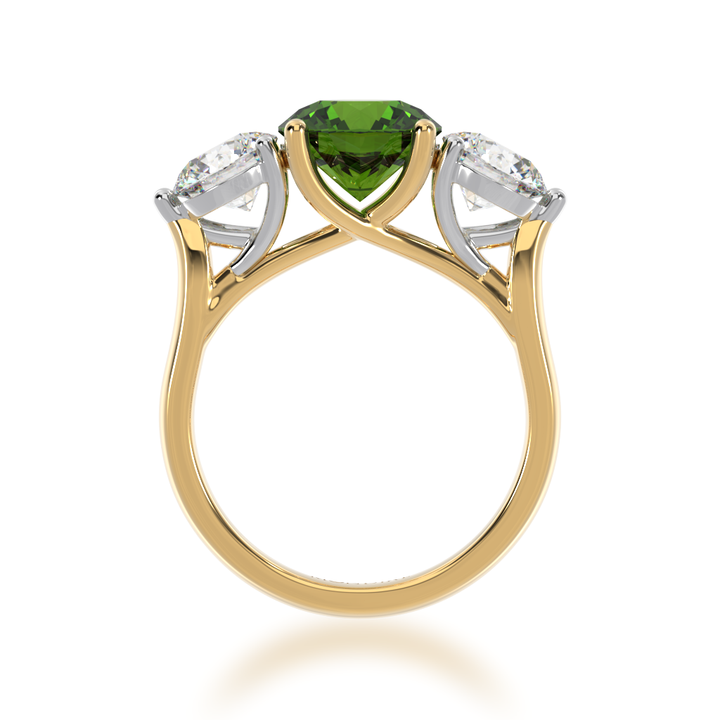 Trilogy round brilliant cut green sapphire and diamond ring on yellow gold band view from front