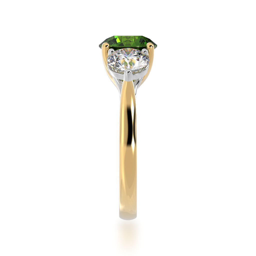 Trilogy round brilliant cut green sapphire and diamond ring on yellow gold band view from side 
