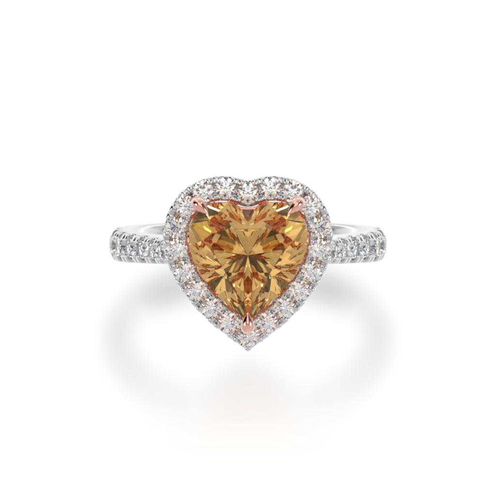 Heart shape champagne diamond halo ring with diamond set band view from top